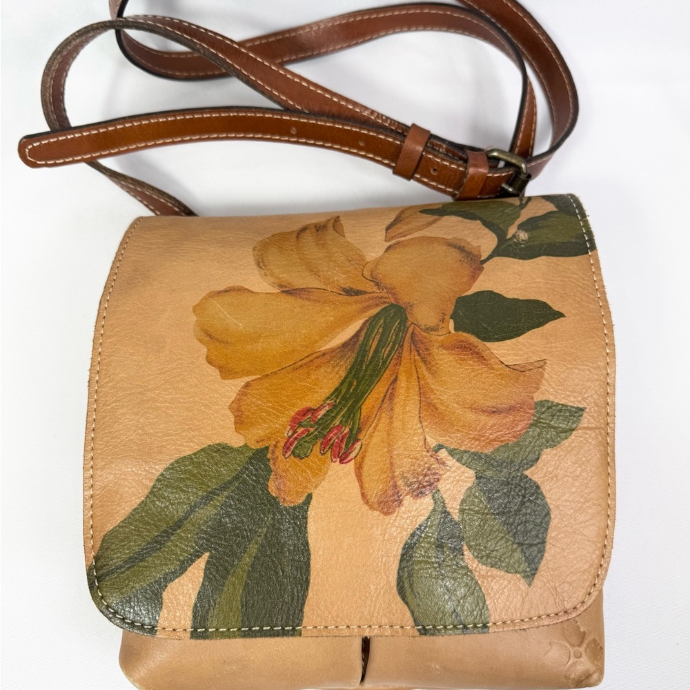 Patricia Nash Tan Italian Leather Hand Painted Floral Flap Crossbody Bag